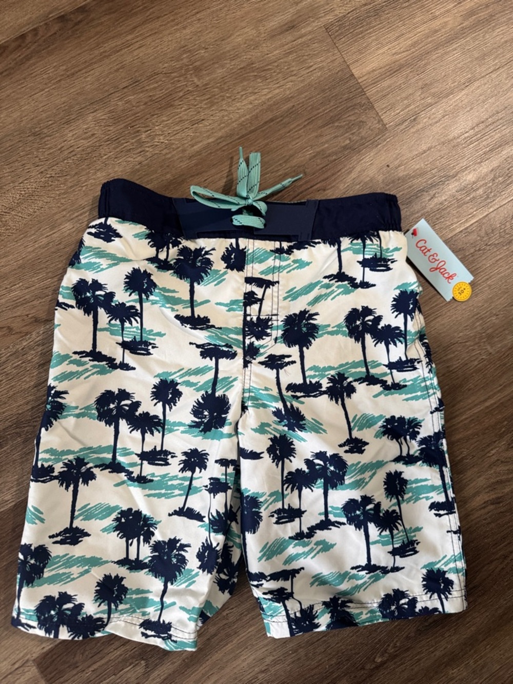 Cat & Jack Boys' Palm Print Swim Shorts - White, Navy & Teal